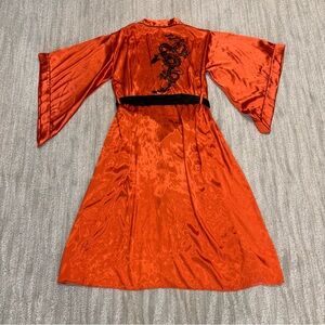 Mita Women’s Satin Copper Dragon Bat Wing Long Kimono/Robe With Black Sash Sz M